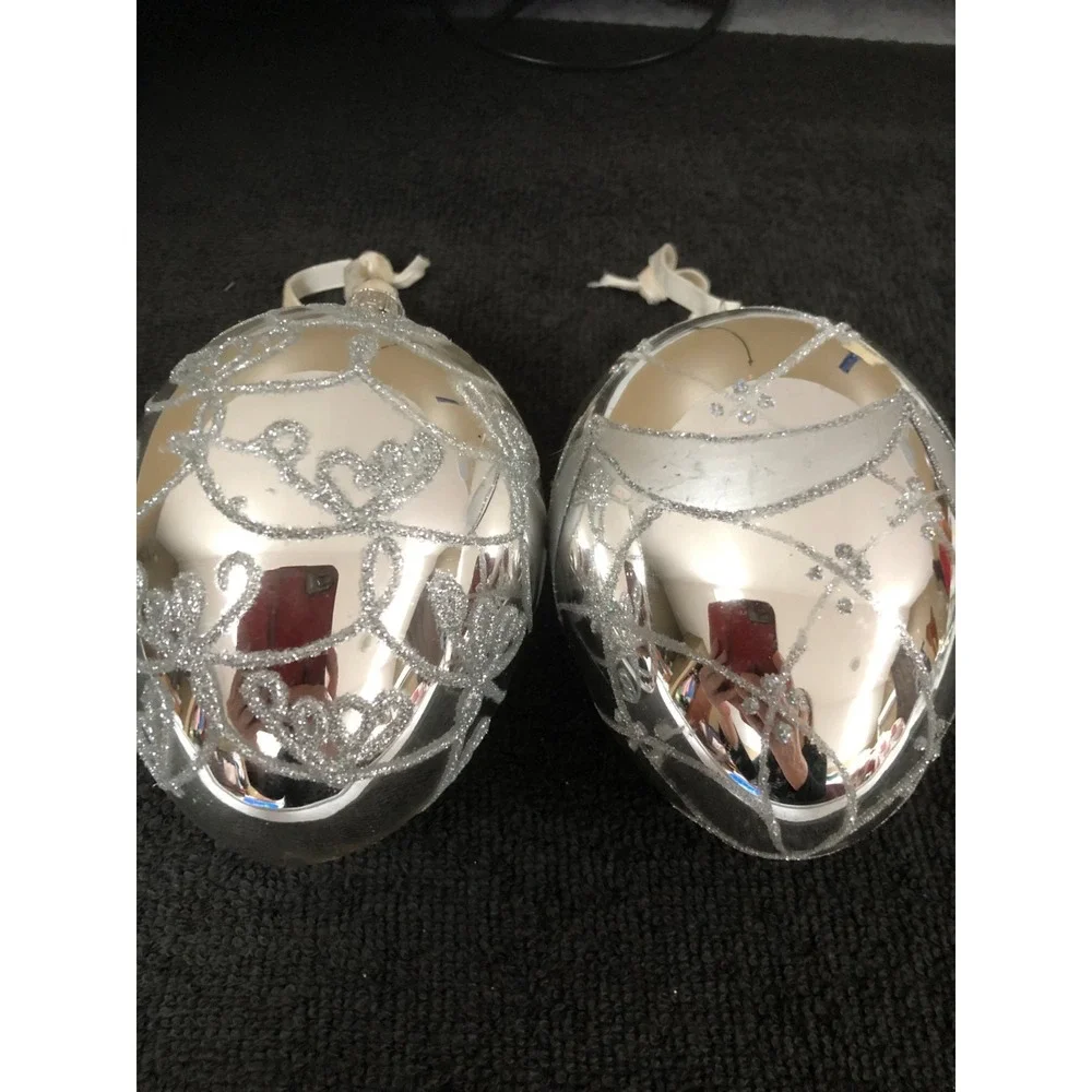 2 ~Vtg Mercury Glass Christmas Ornament Silver Glitter 